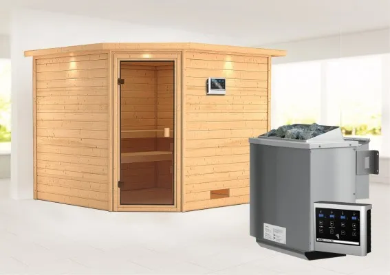 Karibu | Leona Sauna met Dakkraag | Bronzeglas Deur | Biokachel 9 kW Externe Bediening