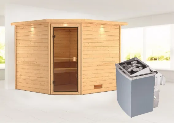 Karibu | Leona Sauna met Dakkraag | Bronzeglas Deur | Kachel 9 kW Geïntegreerde Bediening