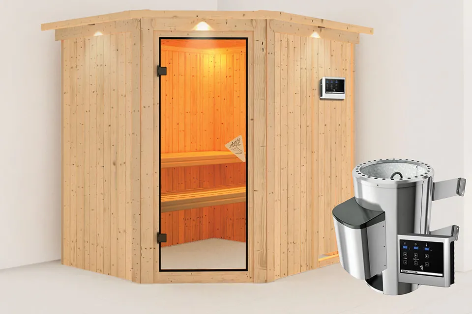 Karibu | Lilja Sauna met Dakkraag | Bronzeglas Deur | Biokachel 3