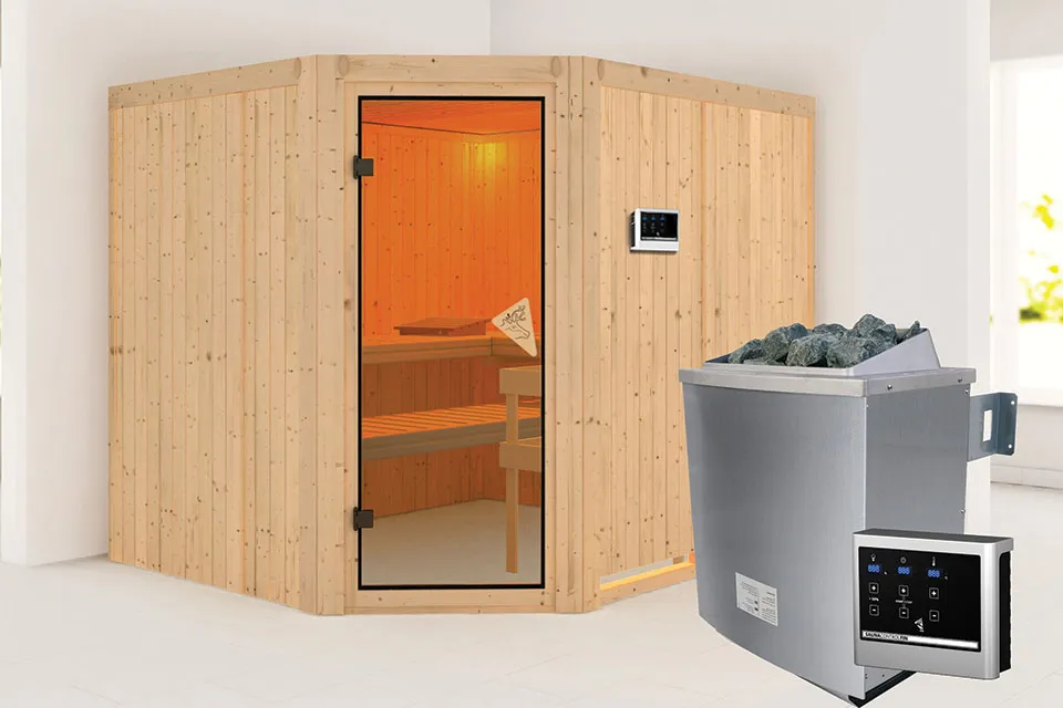 Karibu | Malin Sauna | Bronzeglas Deur | Biokachel 9 kW Externe Bediening