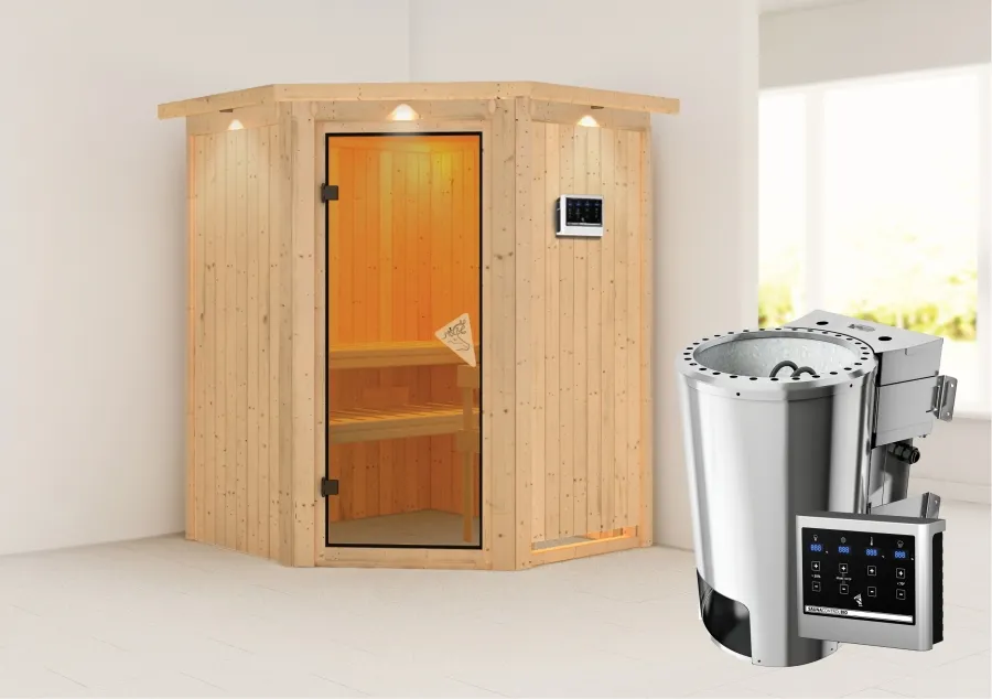 Karibu | Minja Sauna met Dakkraag | Bronzeglas Deur | Biokachel 3