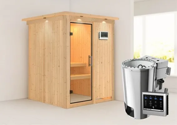 Karibu | Minja Sauna met Dakkraag | Helderglas Deur | Biokachel 3