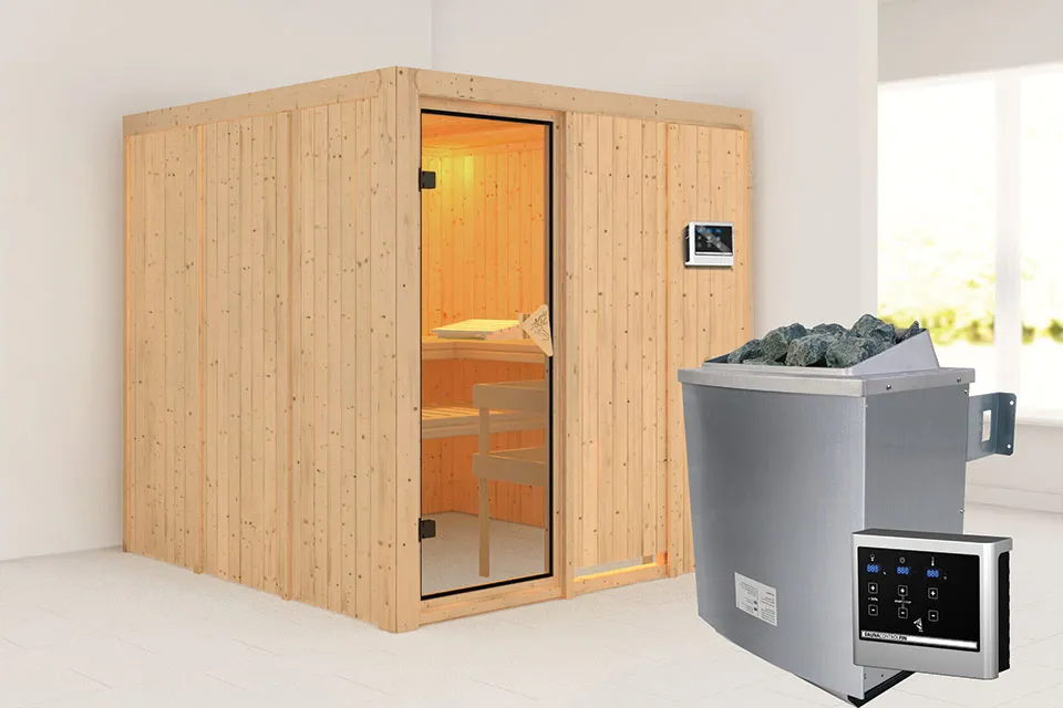 Karibu | Rodin Sauna | Bronzeglas Deur | Biokachel 9 kW Externe Bediening