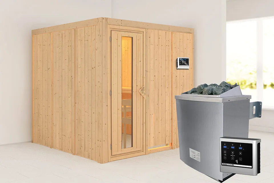 Karibu | Rodin Sauna | Energiesparende Deur | Biokachel 9 kW Externe Bediening