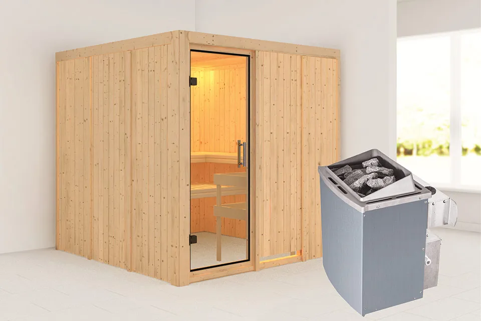 Karibu | Rodin Sauna | Helderglas Deur | Kachel 9 kW Geïntegreerde Bediening