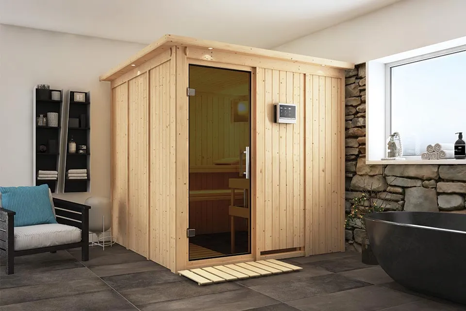 Karibu | Rodin Sauna met Dakkraag | Antracietglas | Biokachel 9 kW Externe Bediening