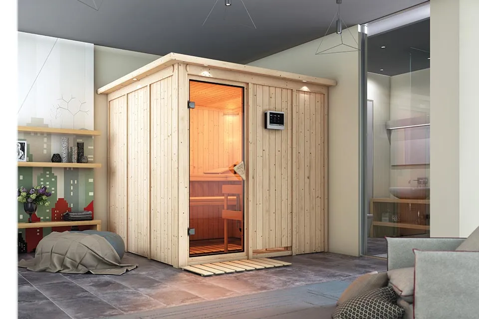 Karibu | Rodin Sauna met Dakkraag | Bronzeglas Deur | Kachel 9 kW Externe Bediening