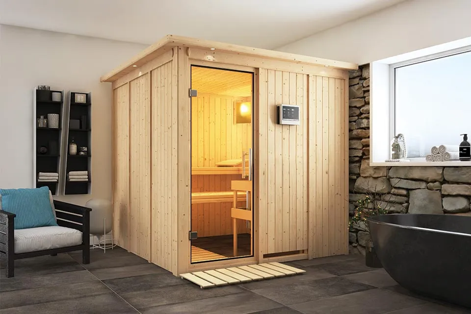 Karibu | Rodin Sauna met Dakkraag | Helderglas Deur | Biokachel 9 kW Externe Bediening