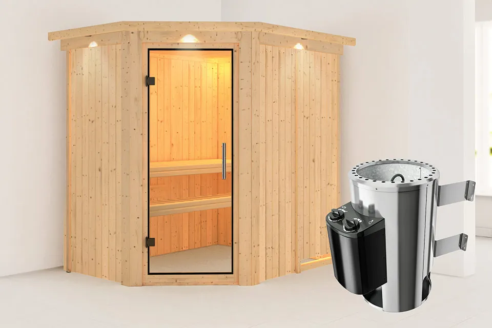 Karibu | Saja Sauna met Dakkraag | Helderglas Deur | Kachel 3