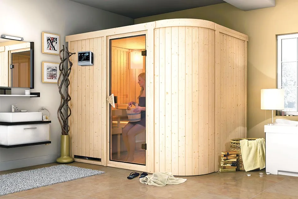 Karibu | Titania 4 Sauna | Bronzeglas Deur | Biokachel 9 kW Externe Bediening