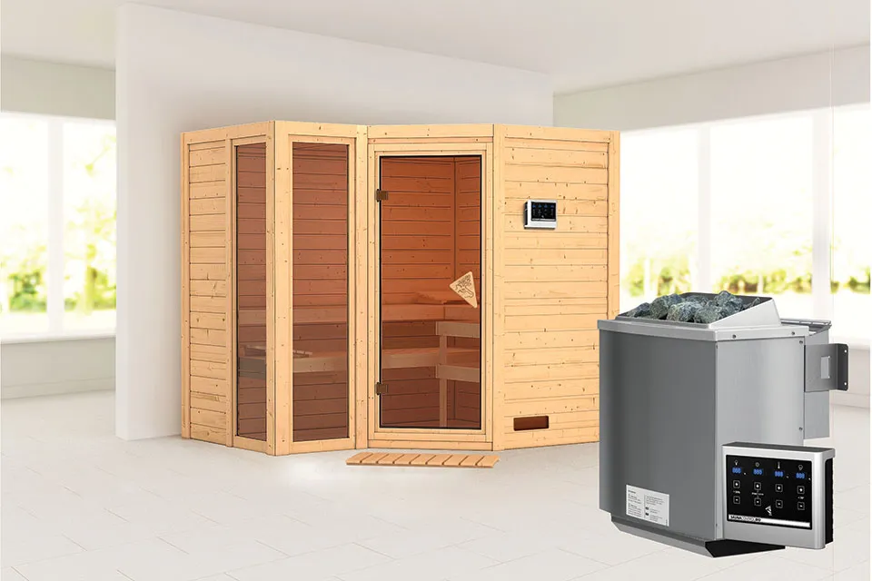 Karibu | Amara Sauna | Bronzeglas Deur | Biokachel 9 kW Externe Bediening