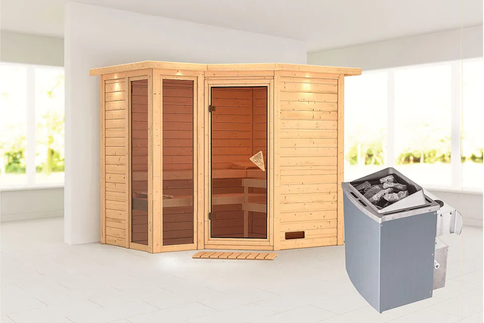 Karibu | Amara Sauna met Dakkraag | Bronzeglas Deur | Kachel 9 kW Externe Bediening