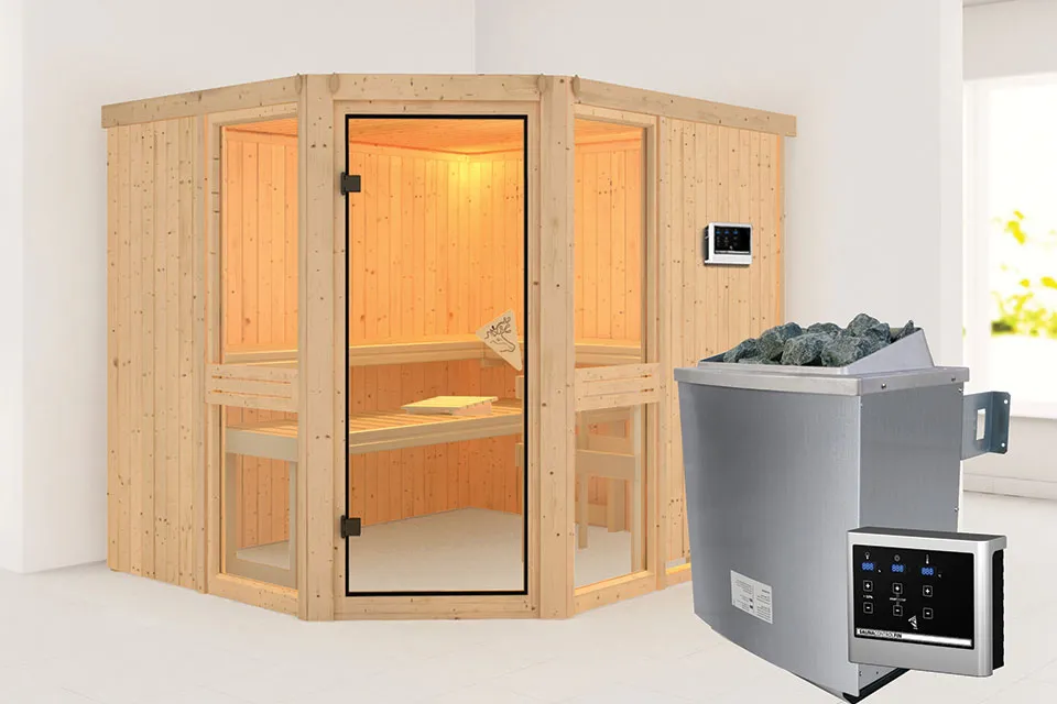 Karibu | Amelia 3 Sauna | Helderglas Deur | Biokachel 9 kW Externe Bediening