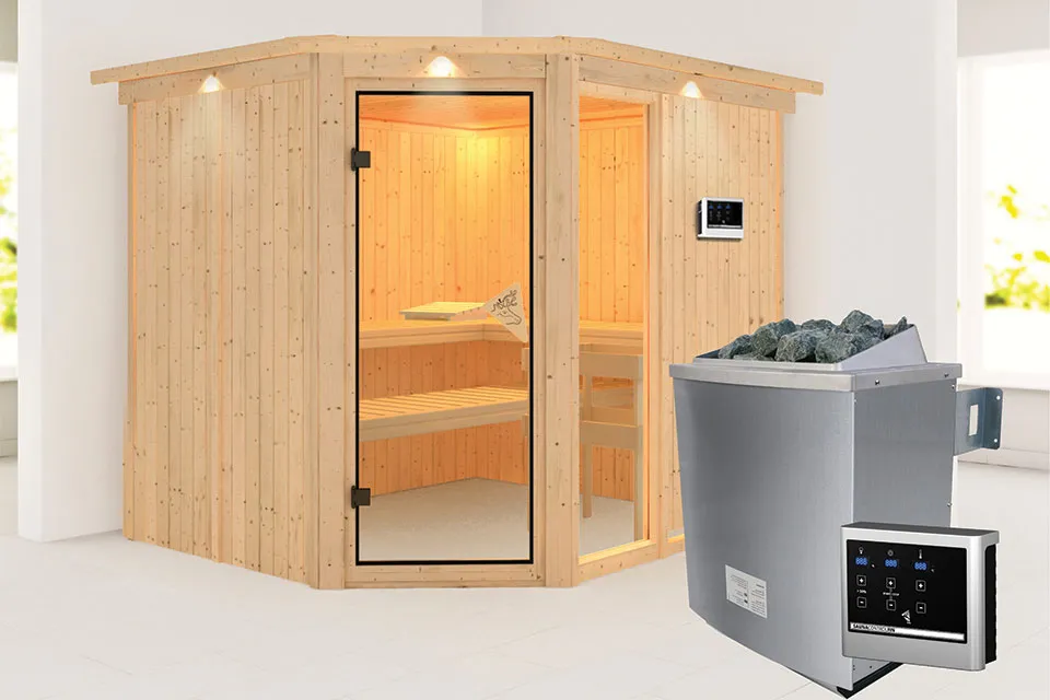 Karibu | Fiona 3 Sauna met Dakkraag | Kachel 9 kW Externe Bediening