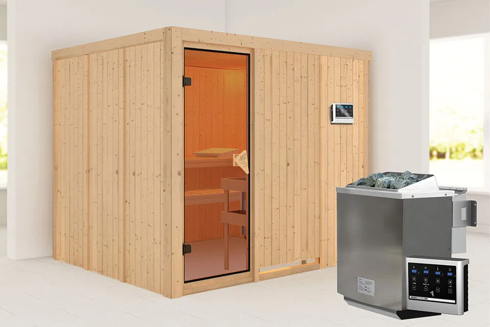 Karibu | Gobin Sauna | Bronzeglas Deur | Biokachel 9 kW Externe Bediening