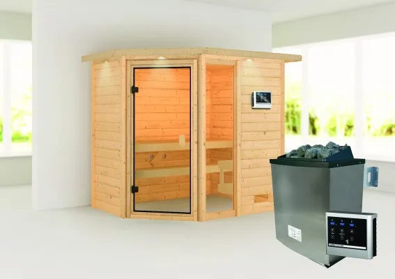 Karibu | Jada Sauna met Dakkraag | Kachel 9 kW Externe Bediening