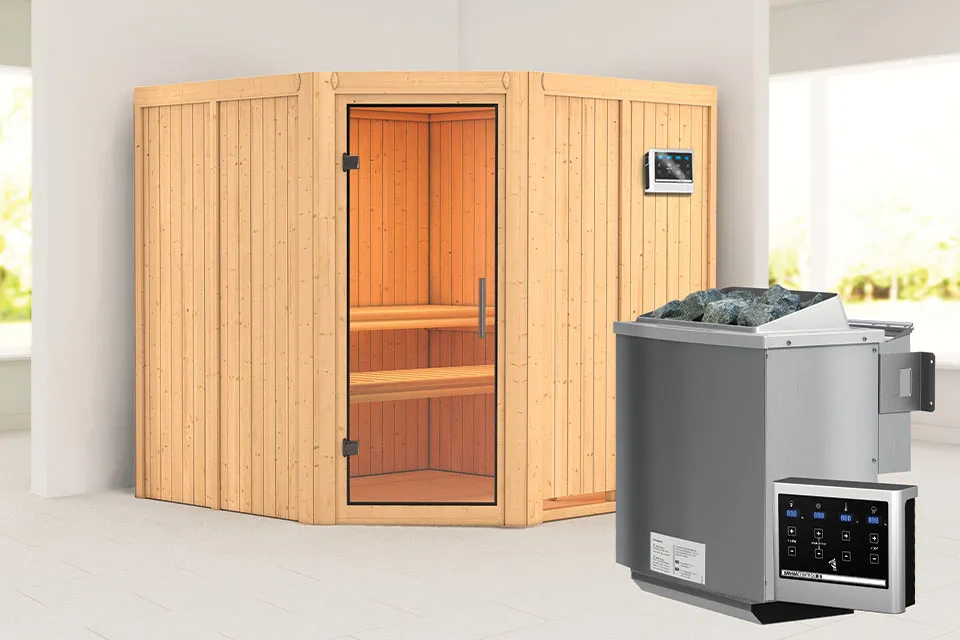 Karibu | Jarin Sauna | Helderglas Deur | Biokachel 9 kW Externe Bediening