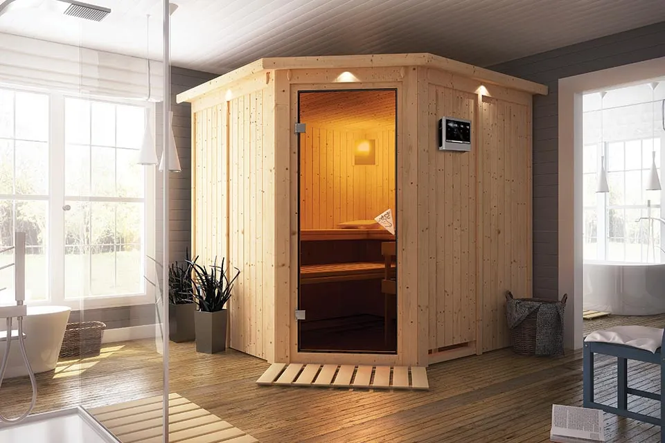 Karibu | Jarin Sauna met Dakkraag | Bronzeglas Deur | Biokachel 9 kW Externe Bediening