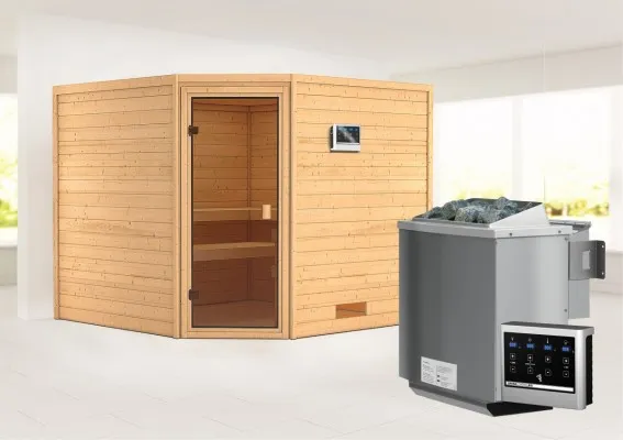 Karibu | Leona Sauna | Bronzeglas Deur | Biokachel 9 kW Externe Bediening