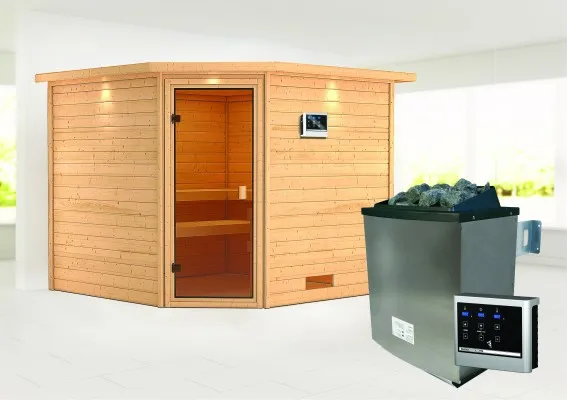 Karibu | Leona Sauna met Dakkraag | Bronzeglas Deur | Kachel 9 kW Externe Bediening