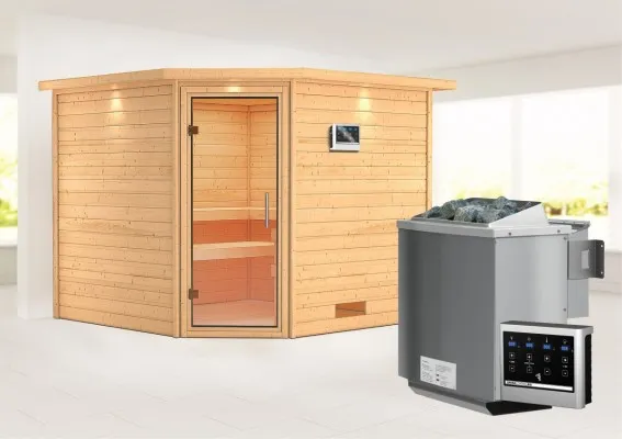 Karibu | Leona Sauna met Dakkraag | Helderglas Deur | Biokachel 9 kW Externe Bediening