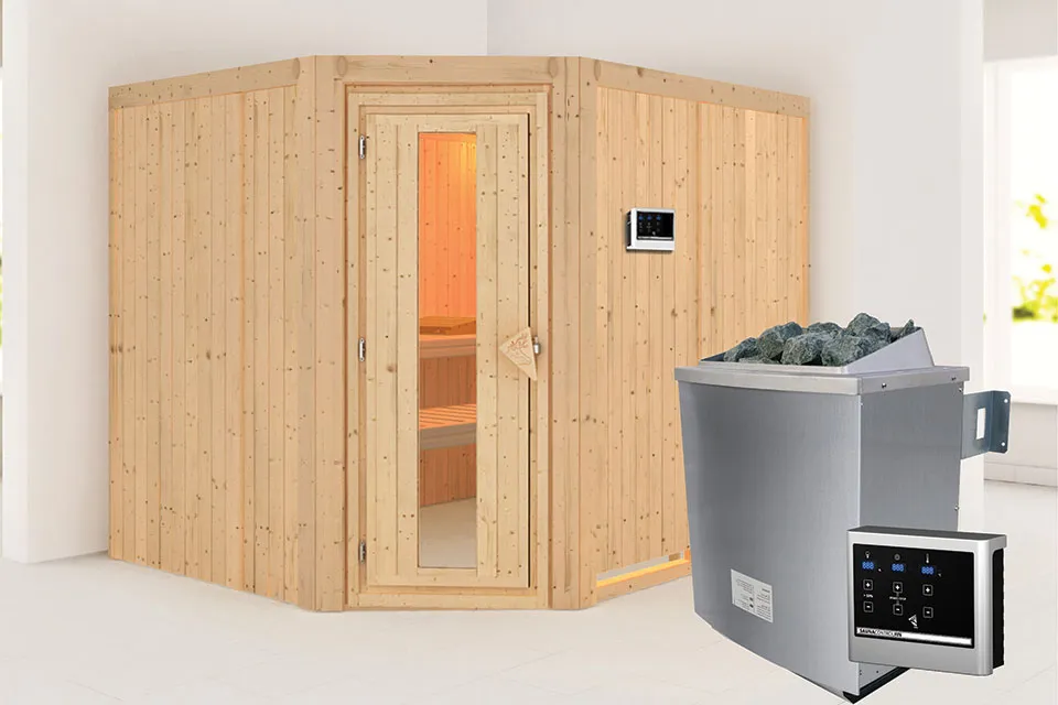 Karibu | Malin Sauna | Energiesparende Deur | Biokachel 9 kW Externe Bediening