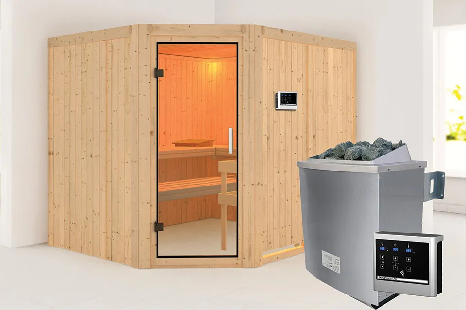 Karibu | Malin Sauna | Helderglas Deur | Biokachel 9 kW Externe Bediening