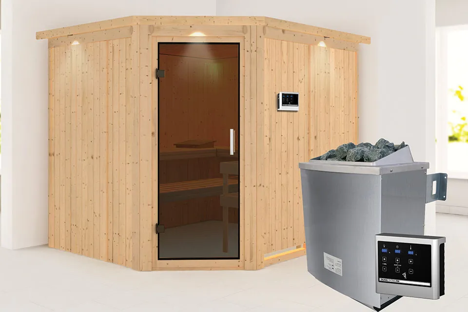 Karibu | Malin Sauna met Dakkraag | Antracietglas | Kachel 9 kW Externe Bediening