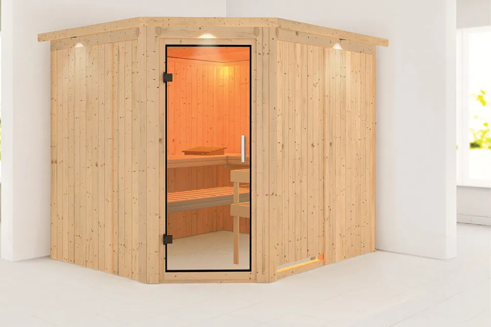 Karibu | Malin Sauna met Dakkraag | Helderglas Deur