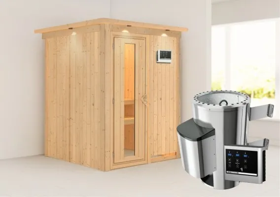 Karibu | Minja Sauna met Dakkraag | Energiesparende Deur | Kachel 3