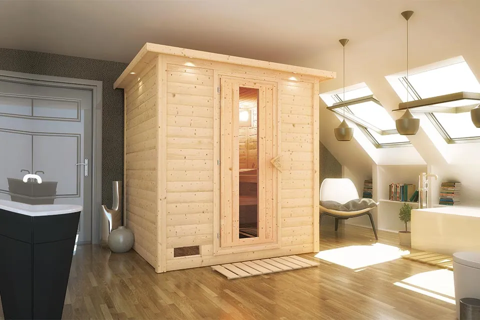 Karibu | Mojave Sauna met Dakkraag | Energiesparende Deur | Kachel 9 kW Externe Bediening