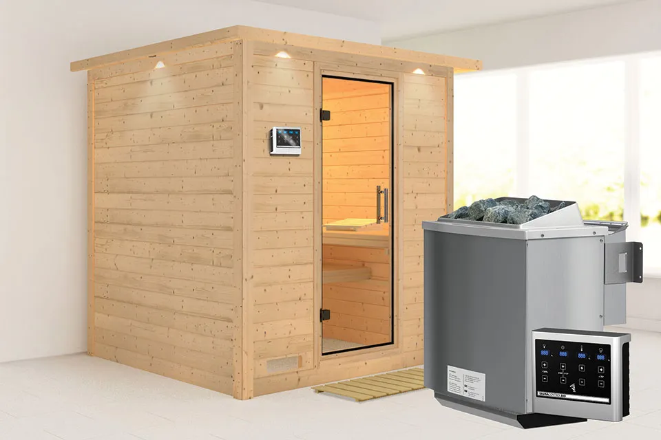 Karibu | Mojave Sauna met Dakkraag | Helderglas Deur | Biokachel 9 kW Externe Bediening