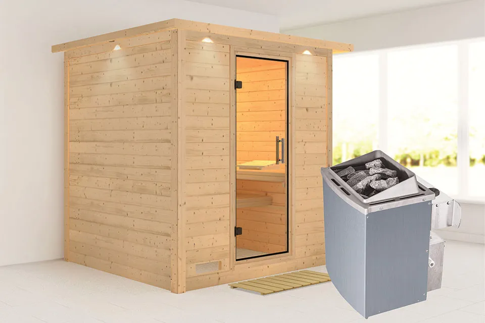 Karibu | Mojave Sauna met Dakkraag | Helderglas Deur | Kachel 9 kW Externe Bediening