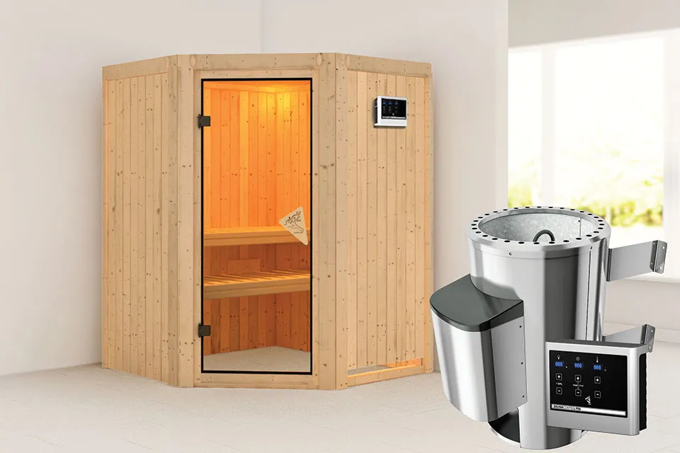 Karibu | Nanja Sauna met Dakkraag | Bronzeglas Deur | Biokachel 3