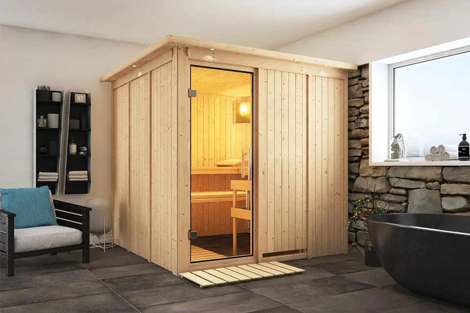 Karibu | Rodin Sauna met Dakkraag | Helderglas Deur