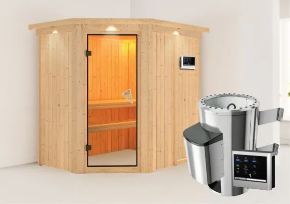 Karibu | Saja Sauna met Dakkraag | Bronzeglas Deur | Biokachel 3