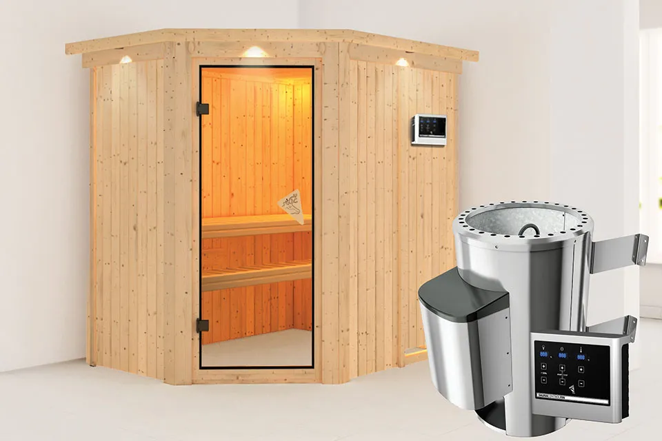 Karibu | Sauna Saja met Dakkraag | Bronzeglas Deur l Biokachel 3