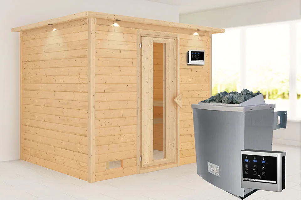 Karibu | Sonara Sauna met Dakkraag | Energiesparende Deur | Kachel 9 kW Externe Bediening