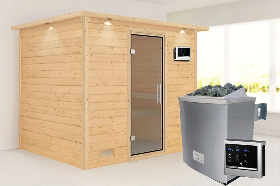 Karibu | Sonara Sauna met Dakkraag | Helderglas Deur | Biokachel 9 kW Externe Bediening