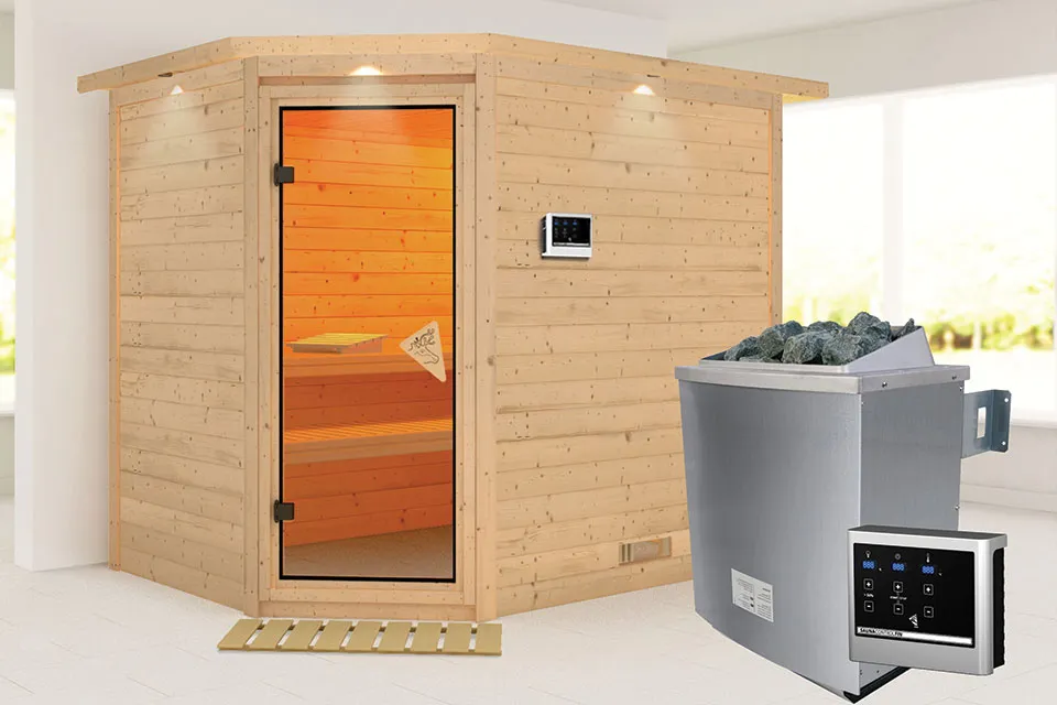 Karibu | Tanami Sauna met Dakkraag | Biokachel 9 kW Externe Bediening