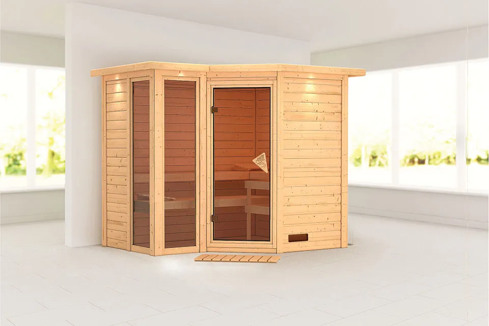 Karibu | Amara Sauna met Dakkraag | Bronzeglas Deur