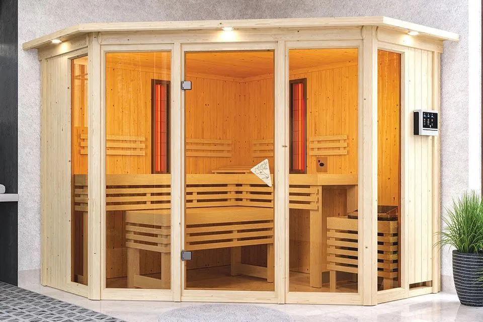 Karibu | Asta Sauna met Dakkraag | Kachel 9 kW Externe Bediening