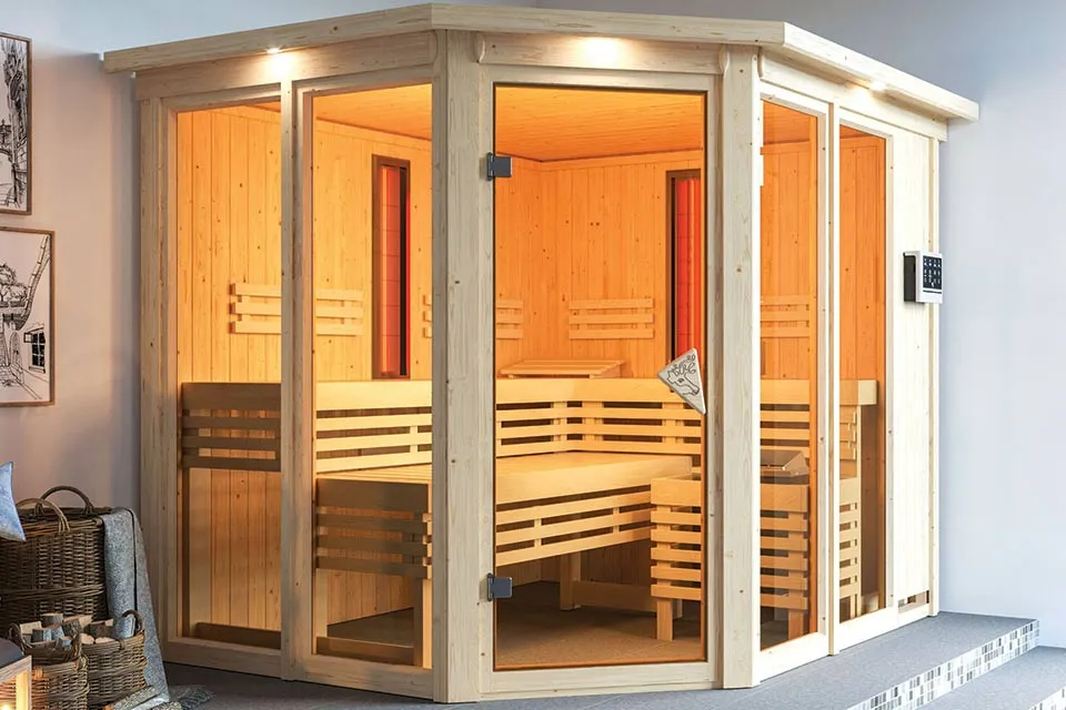 Karibu | Ava Sauna met Dakkraag | Biokachel 9 kW Externe Bediening