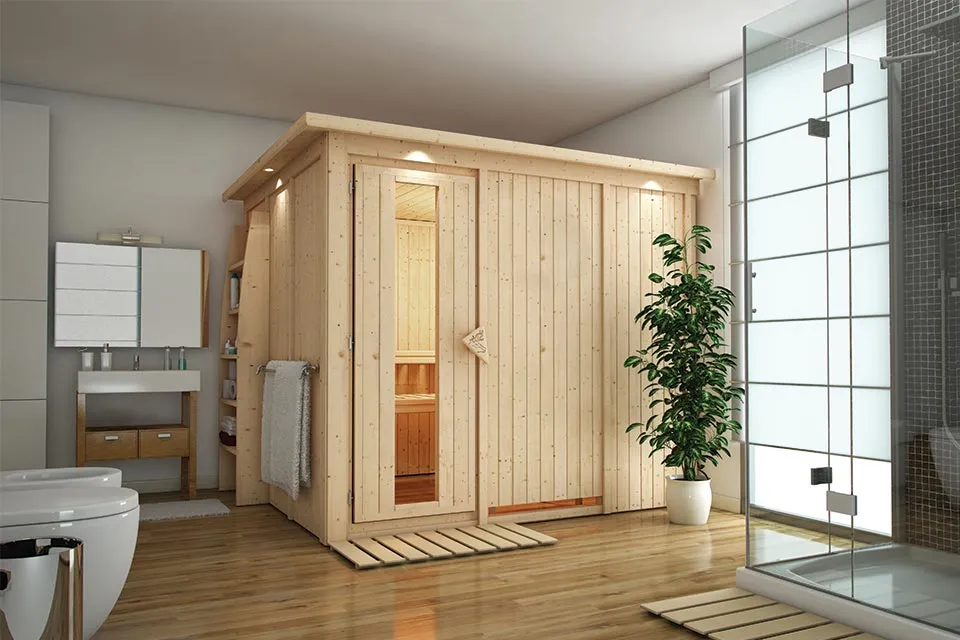 Karibu | Gobin Sauna met Dakkraag | Energiesparende Deur | Biokachel 9 kW Externe Bediening