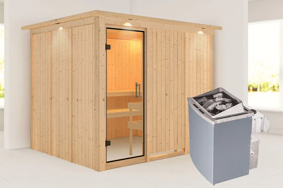 Karibu | Gobin Sauna met Dakkraag | Helderglas Deur | Kachel 9 kW Externe Bediening