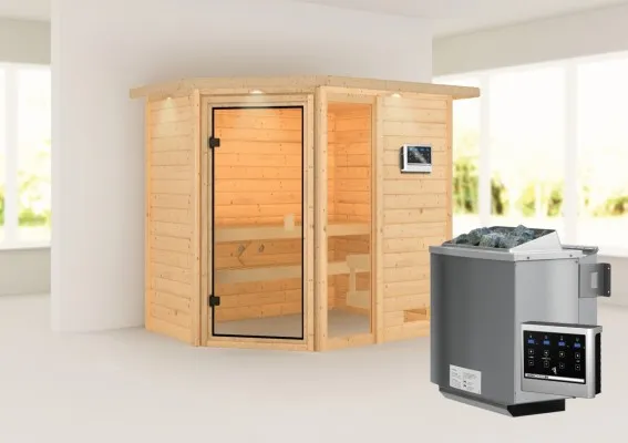 Karibu | Jada Sauna met Dakkraag | Biokachel 9 kW Externe Bediening