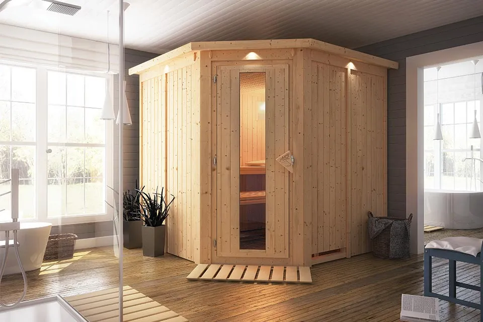 Karibu | Jarin Sauna met Dakkraag | Energiesparende Deur | Kachel 9 kW Geïntegreerde Bediening