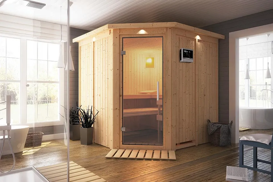 Karibu | Jarin Sauna met Dakkraag | Helderglas Deur | Biokachel 9 kW Externe Bediening