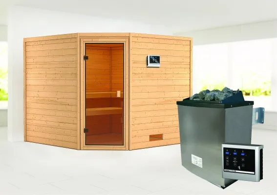 Karibu | Leona Sauna | Bronzeglas Deur | Kachel 9 kW Externe Bediening