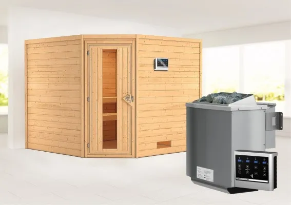 Karibu | Leona Sauna | Energiesparende Deur | Biokachel 9 kW Externe Bediening